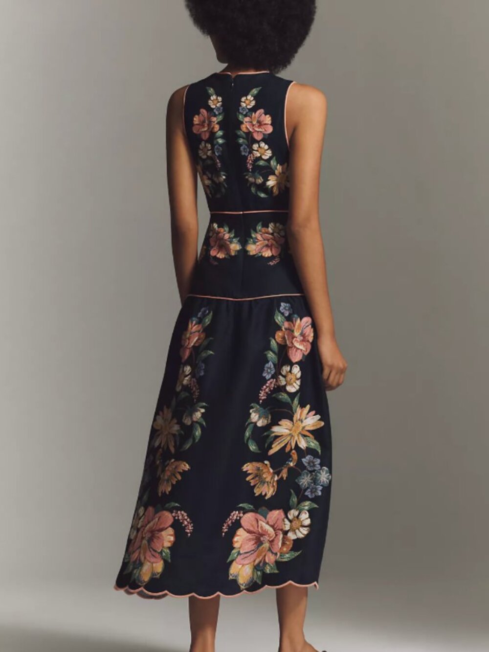 FARM Rio Maira Floral Linen Midi Dress Dark Blue V-Neck Sleeveless Fits S/M - Picture 4 of 8
